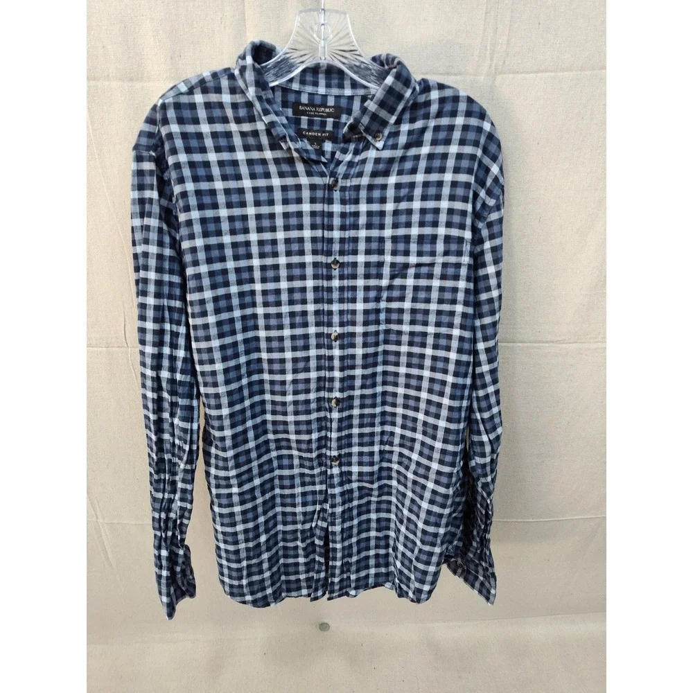 Banana Republic Luxe Flannel Camden Fit Navy Blue Check Button Down Shirt Mens L